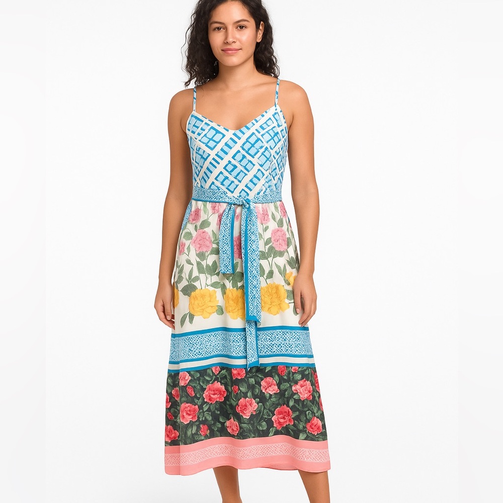 1116.NWT Dalia Macphee Floral Maxi Dress with Blue and Pink